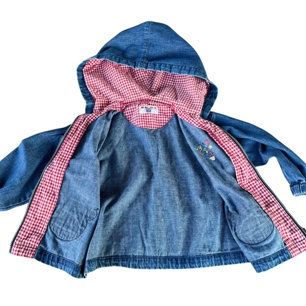 Miki House Baby Bear Pocket Denim Jacket Red Gingham Lightweight Japan 2T GUC